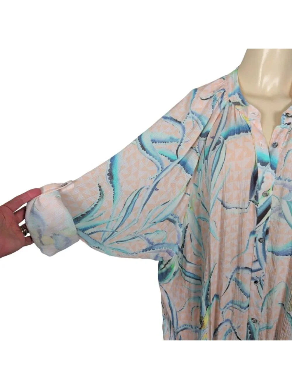 Mara Hoffman Swim Cover Up Dress L Peach Abstract Button Front Tunic Boho Resort